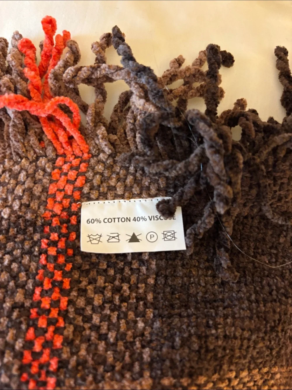 Brown Plaid Fringe Throw with white Red and Green Accents